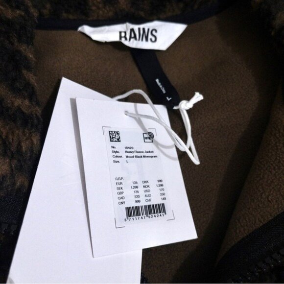 NWT RAINS Heavy Fleece Jacket L Unisex Wood Black Monogram Oversized Boxy - Picture 5 of 12